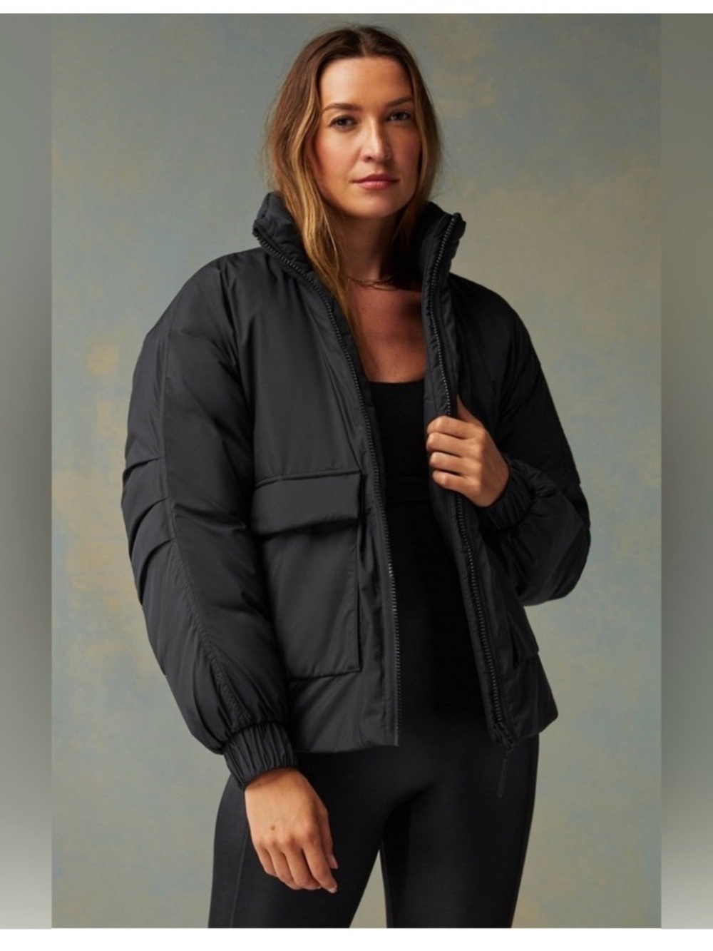 Fabletics Women’s Black Puffer Jacket Full Zip Oversized Utility Cargo Coat